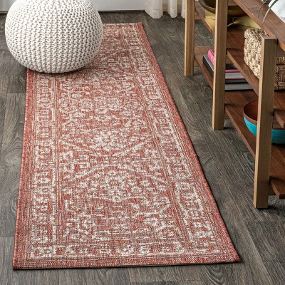 Red and Taupe Synthetic Medallion Flatweave Runner Rug