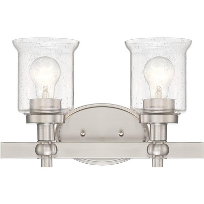  Regency Hill Modern Wall Light Satin Nickel Hardwired 14 1/2" Wide 2-Light Fixture Seeded Clear Glass for Bathroom Vanity Mirror 