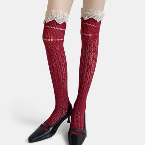 Anna-Kaci Women's Over-the-Knee Lace Top Patterned Knit Socks with Delicate Scalloped Trim - 1 of 4