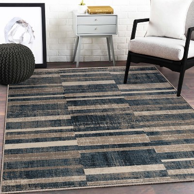 Modern Blue and Cream Striped Synthetic Area Rug, 5'x8'
