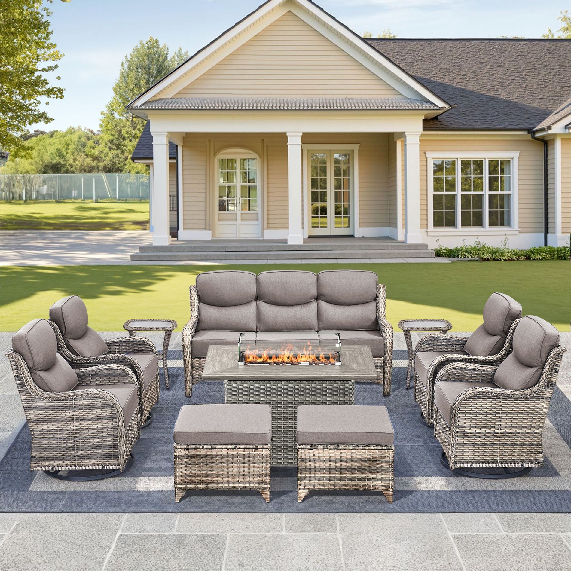 Gymojoy 10 Pieces Outdoor 6 Inch Sofa Swivel Chair Ottoman with Fire Pit Table