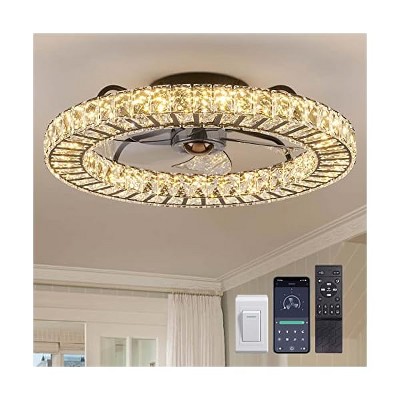 Siljoy 22" Flush Mount Ceiling Fan with Light, Modern Crystal Chandelier, Smart 4-Light Color Change, Dimmable LED, 6 Speeds