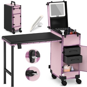 EASYINBEAUTY Foldable Rolling Portable Manicure Table with 3 Drawers, Mirror & Nail Polish Organizer - Pink - 1 of 4