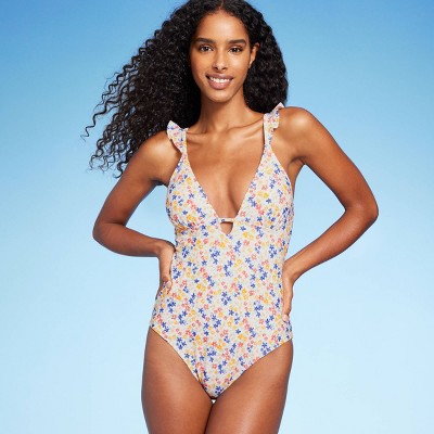 Women's Ruffle Shoulder Plunge One Piece Swimsuit - Shade & Shore™ Ditsy Floral Print