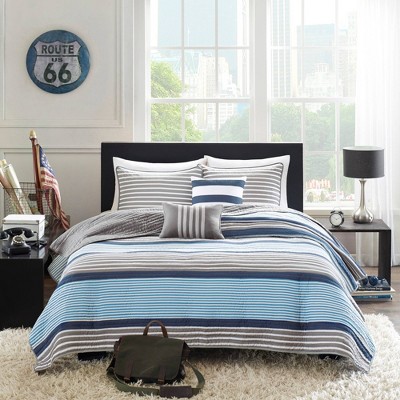 Gray and Blue Striped Reversible Microfiber Quilt Set