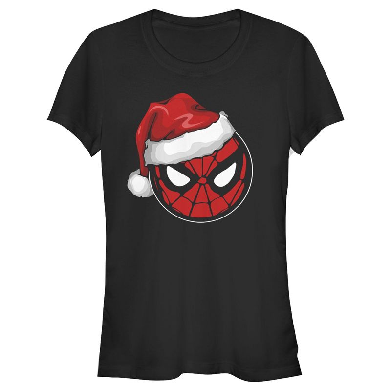 Juniors Womens Marvel Christmas Spider-Man Santa Hat T-Shirt, 1 of 4