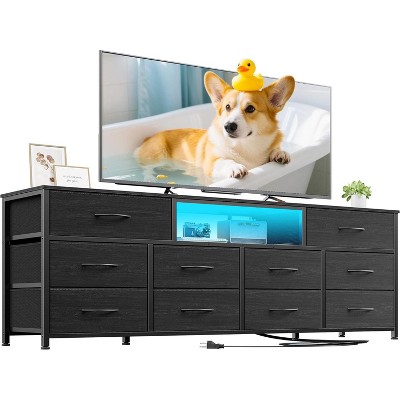 Furnulem 63” Long Dresser TV Stand for 65 to 75 inch TV Black Dresser with 10 Fabric Drawers Chest Closet Center with Power Outlet LED Light
