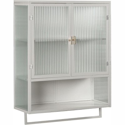 Farmhouse Wall Cabinet, White Wooden Storage with Double Glass Panes, Adjustable Shelves, Bathroom Organizer, Above Toilet Installation