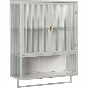 Farmhouse Wall Cabinet, White Wooden Storage with Double Glass Panes, Adjustable Shelves, Bathroom Organizer, Above Toilet Installation - 1 of 4