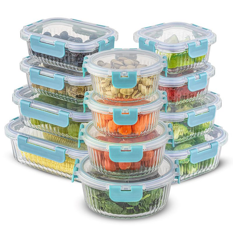 JoyJolt 24 Piece Fluted Glass Food Storage Containers with Leakproof Lids Set - Blue, 1 of 8