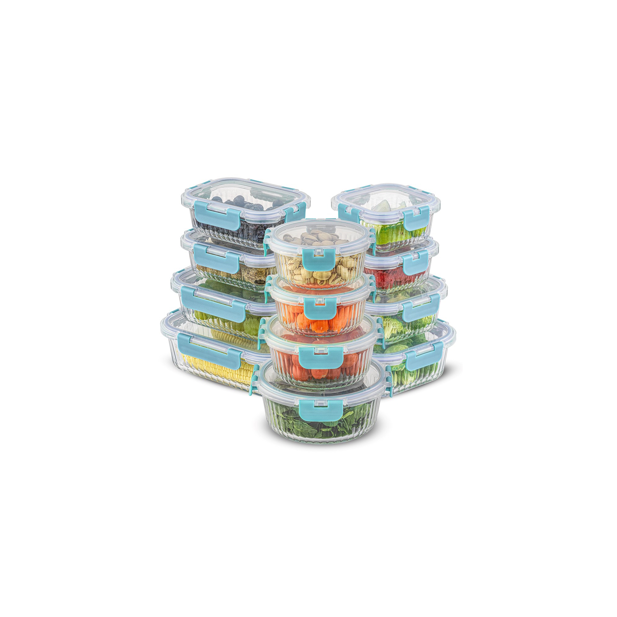 JoyJolt 24 Piece Fluted Glass Food Storage Containers with Leakproof Lids Set - Blue