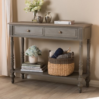 Country Cottage Farmhouse Brown 2-Drawer Console Table with Shelf