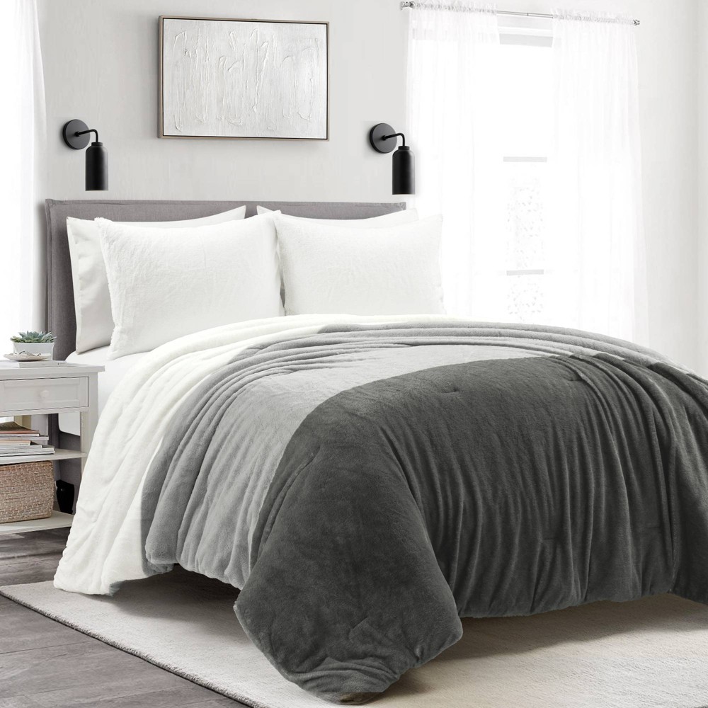 Lush Décor 3pc King Farmhouse Color Block Comforter Bedding Set Light Gray: Polyester, Faux Fur Texture, Machine Washable