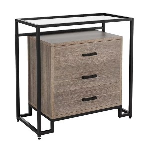 3-Drawer Dresser with Tempered Glass Top Shelves, Wooden Dresser with Black Steel Frame, Coffee - 1 of 4