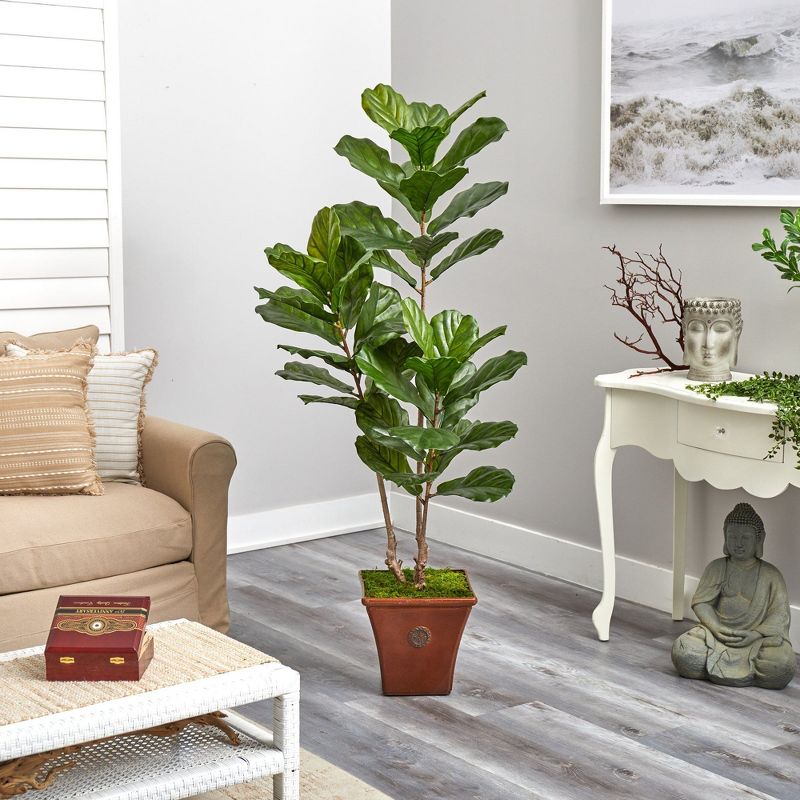 Nearly Natural 5.5-ft Fiddle Leaf Artificial Tree in Brown Planter (Indoor/Outdoor), 3 of 5
