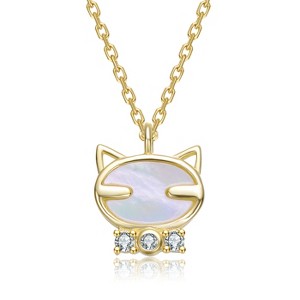 Guili 14K Gold Plated with Mother Of Pearl & Clear Cubic Zirconia Cat Pendant Necklace For Kids - 1 of 2