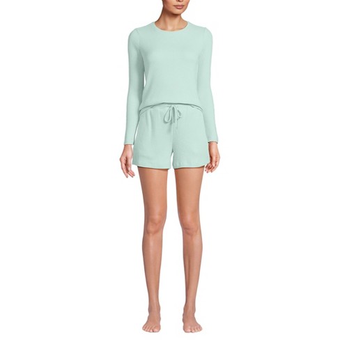 Lands' End Women's Cozy Brushed Rib 2 Piece Pajama Set - Long Sleeve Top  and Shorts - X Large - Mint Cream