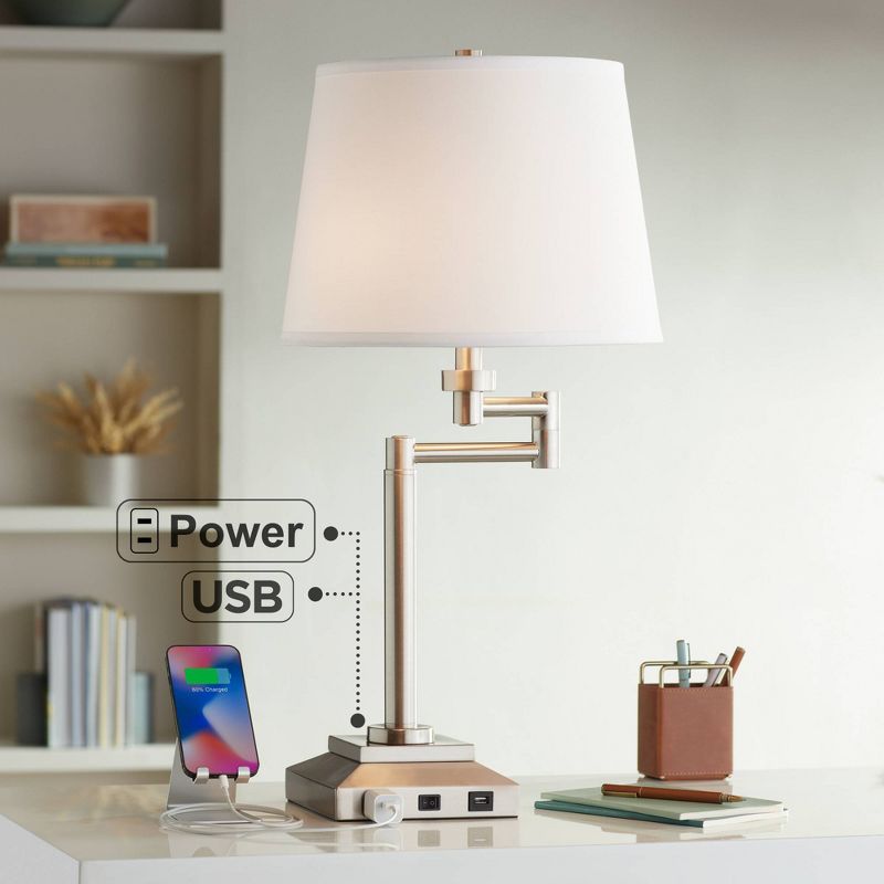 360 Lighting Camber Modern Desk Table Lamp 29" Tall Brushed Steel with USB and AC Power Outlet in Base Swing Arm Linen Shade for Bedroom Living Room, 2 of 10