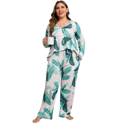 Women Plus Size 2 Piece Sleepwear Floral Print V Neck Pajamas Loungewear with Pockets