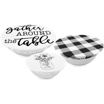 AuldHome Design Reusable Fabric Bowl Covers, 3pc Set; Rustic Farmhouse Themed Black and White Stretchy Cloth Bowl Covers