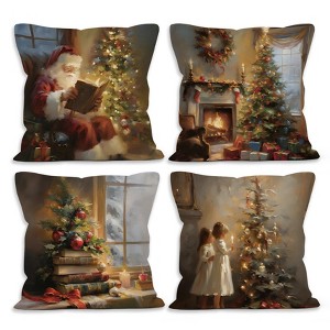 Vintage Christmas Tree Santa Claus Throw Pillow Covers 18x18 Set of 4 - 1 of 4