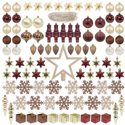 Aoibox 101pcs Christmas Tree Ornaments Burgundy Brown Champagne Star Topper Balls Nutcracker Snowflakes Poinsettia Garland Set