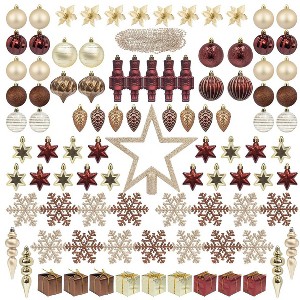 Aoibox 101pcs Christmas Tree Ornaments Burgundy Brown Champagne Star Topper Balls Nutcracker Snowflakes Poinsettia Garland Set - 1 of 4