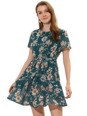 Allegra K Women's Regular Fit Floral Asymmetrical Layered Pleated Neck Short Flare Sleeve Dress