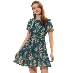 Allegra K Women's Regular Fit Floral Asymmetrical Layered Pleated Neck Short Flare Sleeve Dress - 1 of 4