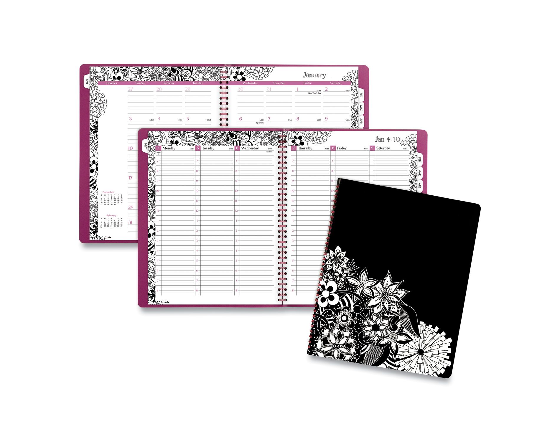 Floradoodle Weekly/Monthly Professional Planner, Floral Artwork, 11 x 8.5, Black/White Cover, 12-Month (Jan-Dec): 2026