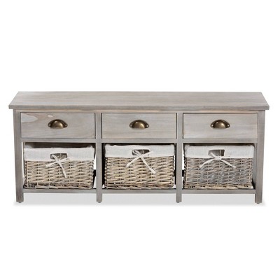 Mabyn Light Grey Wood & Wicker 3-Drawer Storage Bench