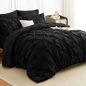 7-Piece Queen Bed-in-a-Bag - Black Luxury Pintuck Pleat Comforter Set with Sheets & Pillow Shams - 1 of 4
