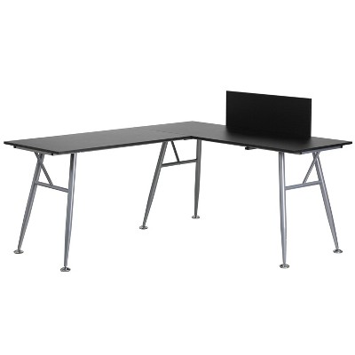 Laminate L - Shape Computer Desk with Frame Finish - Black Laminate Top/Silver Frame - Riverstone Furniture Collection