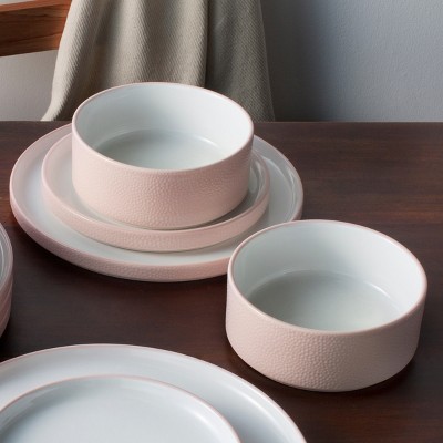 Blush and White Porcelain 12-Piece Textured Dinnerware Set
