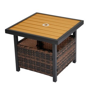 22'' Outdoor Wicker Side Table with Umbrella Hole & Storage Space, Square PE Rattan End Table Brown - 1 of 4
