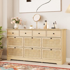 Brafab 10 Drawer Rattan Dresser for Bedrroom, 59" Wide Natural Wood Dressers, Long Boho Chest of Drawers, Mid-Century Light Oak Dresser TV Stand - 1 of 4