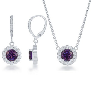 Bella Silver Sterling Silver February Birthstone w/ CZ Border Round Earrings and 18" Pendant Necklace Set - 1 of 3