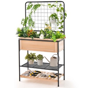 Costway 59" Raised Wooden Garden Bed with Metal Trellis Open Storage Shelves Drain Holes - 1 of 4