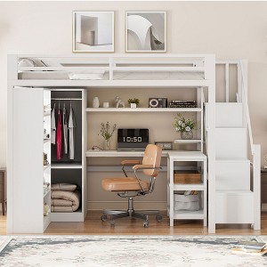 Whisen Twin Size Metal Loft Bed with Desk, USB Ports, 5-Layer Shelf, Wardrobe and Stepped Stairs - White - 1 of 4