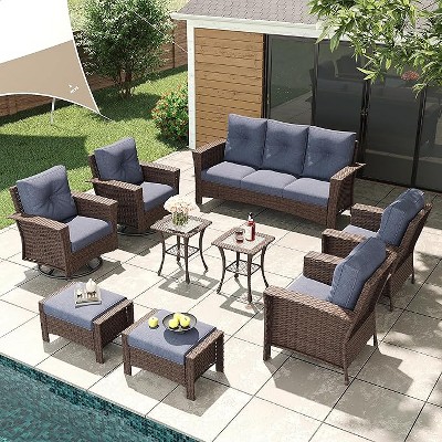 LayinSun Wicker Patio Furniture Set with Fire Pit Table, Classis Outdoor Conversation 360 Degree Swivel Chairs Set with Coffee Table