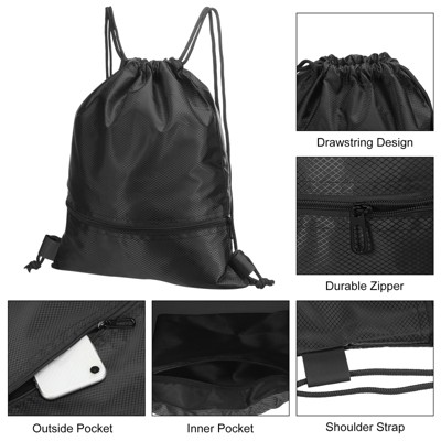 Unique Bargains Waterproof Adjustable Zip Pocket Drawstring Backpack Bags for Women Men Black — фото 4