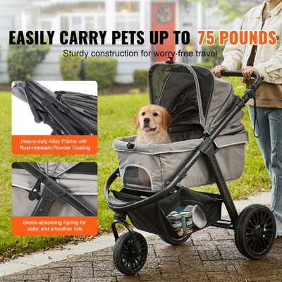 Gray Large Pet Stroller with Adjustable Handle and Storage