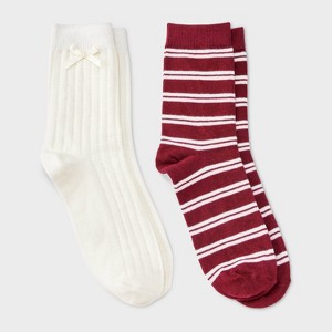 Women's Pointelle with Bow & Striped 2pk Mid Crew Socks - Wild Fable™ - 1 of 3
