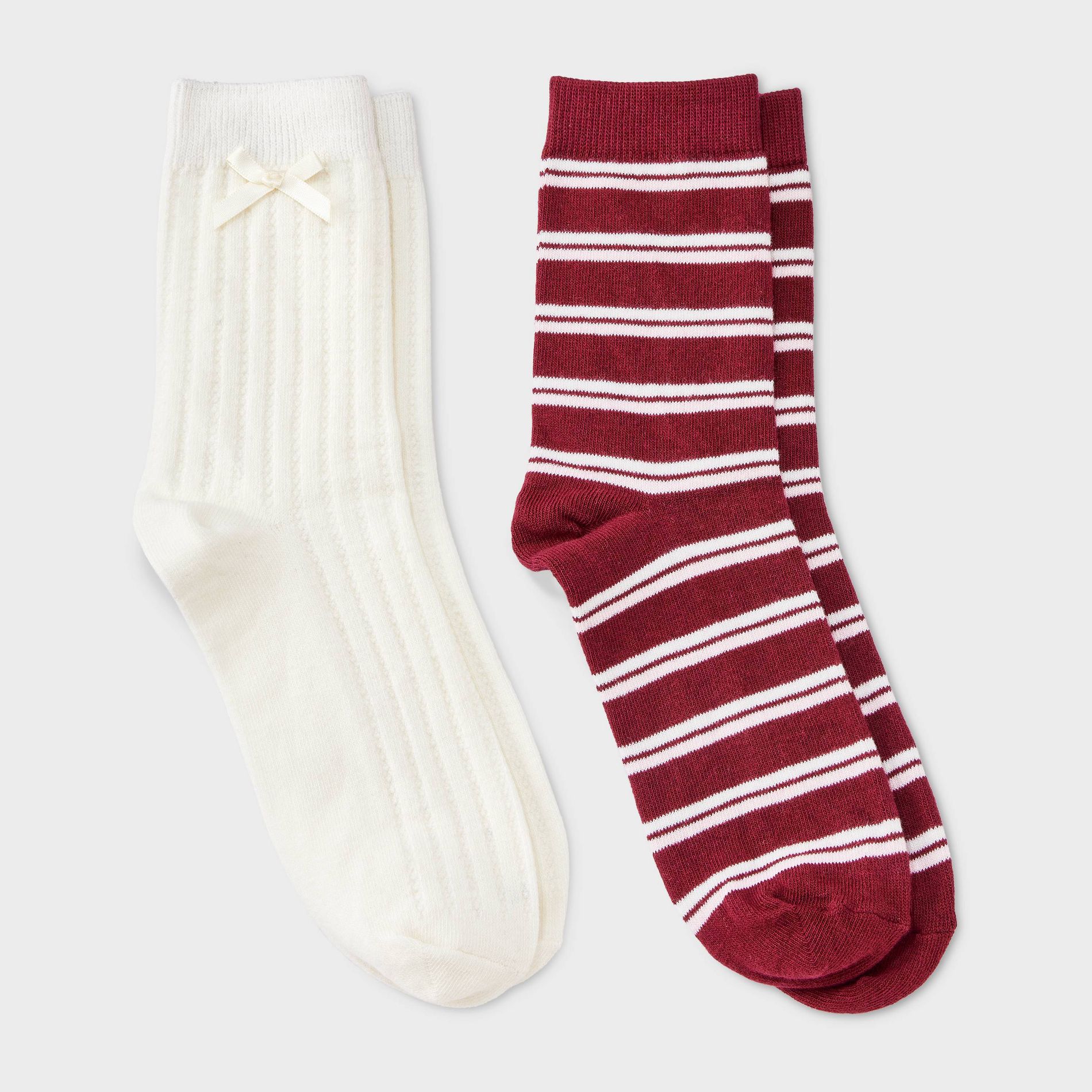 Women's Pointelle with Bow & Striped 2pk Mid Crew Socks - Wild Fable™ Ivory/Burgundy/Pink 4-10