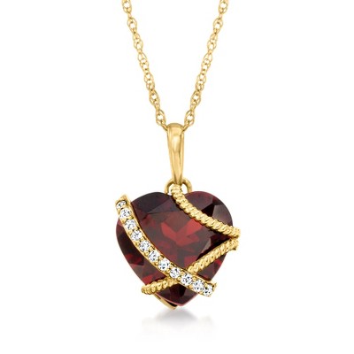 Ross-Simons 3.60 Carat Garnet Heart Pendant Necklace With Diamond Accents in 14kt Yellow Gold