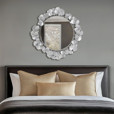 Grungis Round Wall Mirror for Bathroom,Gingko Leaf Round Wall Mirror with Keyhole Hanging Fixture for Living Room Bedroom
