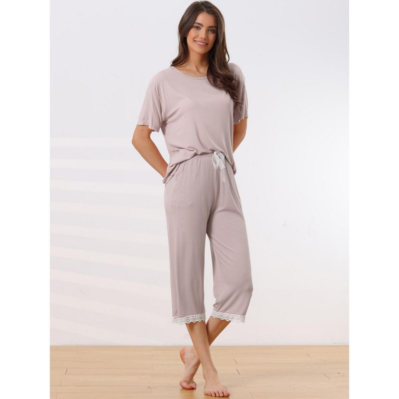 cheibear Women's Modal Loose Summer Lace Trim Short Sleeve Carpri Pajama Set, 2 of 6