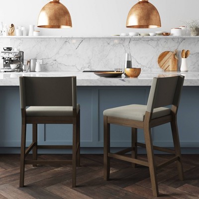 Linus Light Gray Upholstered Counter Height Bar Stools with Dark Brown Wood Legs, Set of 2