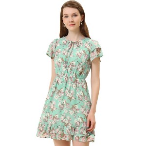INSPIRE CHIC Women's Ruffle Sleeve Self-Tie V Neck Mini A-Line Floral Dress - 1 of 4