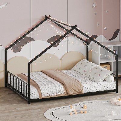 FURNIinspire Beds Full Size Kid Bed Frame, Floor Bed House Shape Iron Platform Bed with Fence for Bedroom Kid Room, Black, 78.5"*55.91"*58.4"